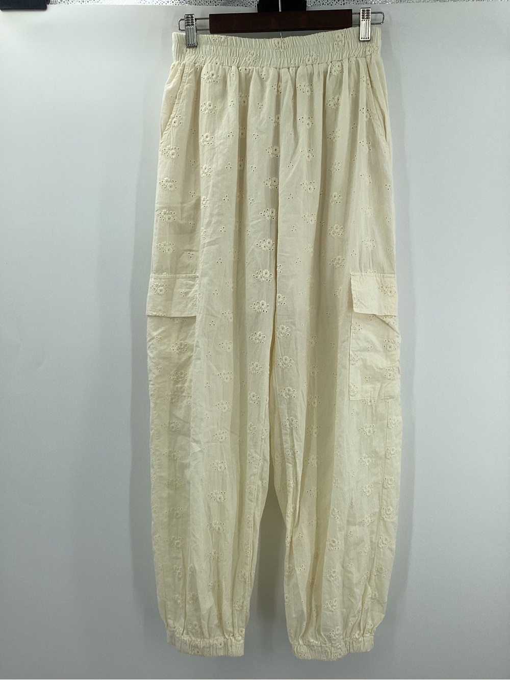 Blue Velvet Cream Eyelet Cargo Joggers for Women